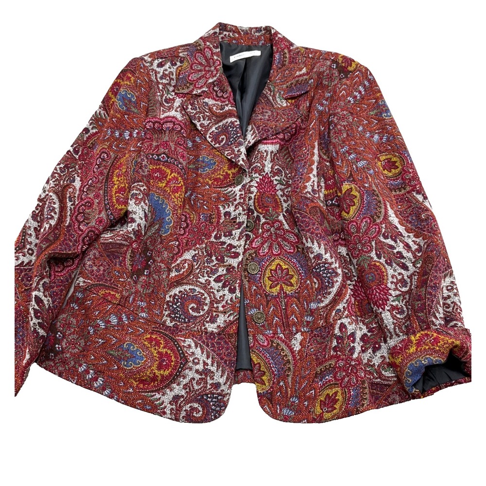 Coldwater‎ Creek Blazer Women Large Red Multi Paisley Tapestry Boho Jacket